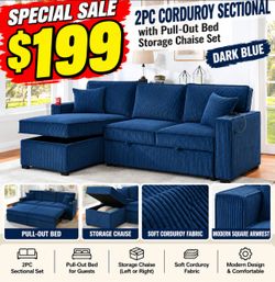 2PC Dark Blue Corduroy Sectional with Pull-Out Bed