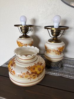 Vintage milk glass hurricane parlor lamps