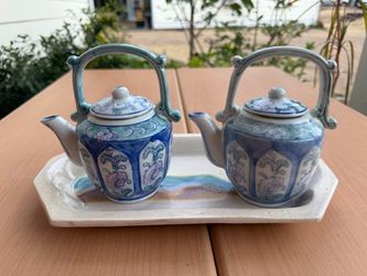 Vintage Ceramic Teapot Set with Matching Studio Pottery Tray / Tea Decor