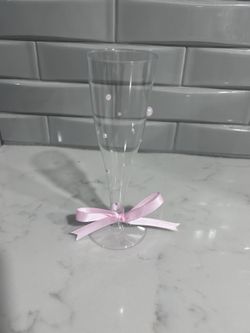 Clear Plastic Champagne Glasses With Faux Pink Pearls And Pink Ribbon
