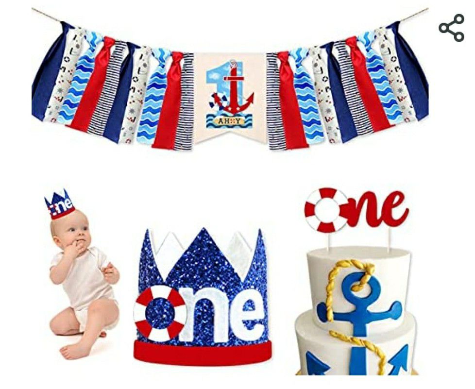 Nautical 1st Birthday Banner Cake Topper Crown Baby 