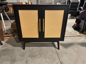 Black Cabinet with Rattan Doors and Gold Handles