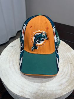Vintage Reebok Miami Dolphins Hat Tactel Stretch Fit OSFA Orange Teal Side Print Cap