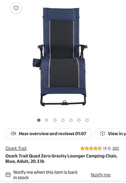 Ozark Trail Quad Zero Gravity Lounger Camping Chair,