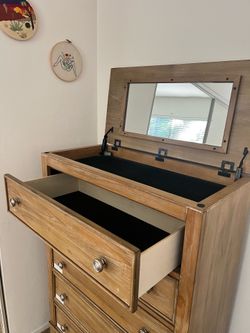 Tall Wooden Dresser with Flip-Top Mirror