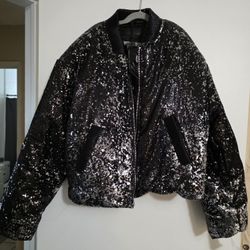 Womens Black Glittery Puffer Jacket Size M/L