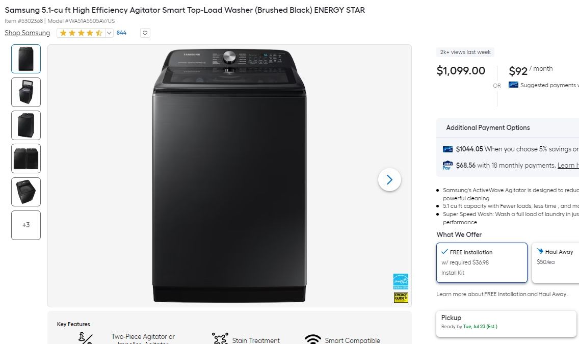 Samsung 5.1 cu ft High Efficiency Agitator Smart Top Load Washer ENERGY STAR. With warranty