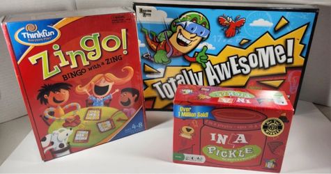 LOT OF 3 NEW SEALED TOTALLY AWESOME, ZINGO BINGO, AND IN A PICKLE BOARD GAMES 