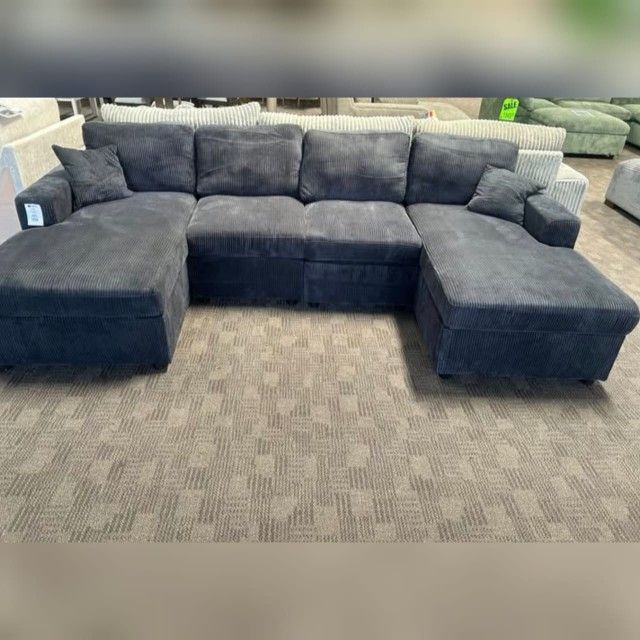 Black corduroy double chaise sectional sofa