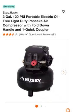 p Husky 3 Gal. 120 PSI Portable Electric Oil-Free Light Duty Pancake Air Compressor with Fold Down Handle and 1-Quick Coupler