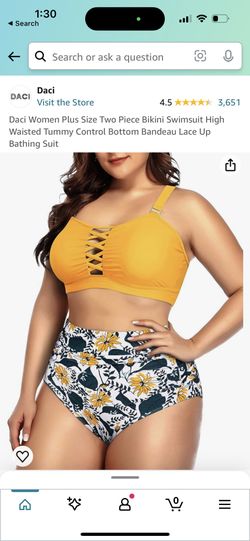 Women Plus Size Two Piece Bikini Swimsuit High Waisted Tummy Control Bottom Bandeau Lace Up Bathing