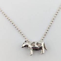 Very Cute Vintage 925 Silver Cow Pendant with Beaded Chain 18" 