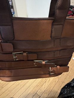 Brown Leather Tote Bag with Buckle Straps