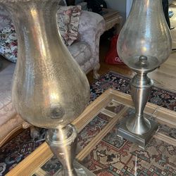 Elegant Pair Of Brushed, Nickel And Crackle Glass Hurricane Table Lamps 27 Inches Tall Matching Set