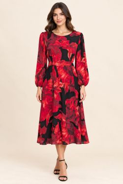Kasper Women's Red Black Floral Midi Dress Size 1X