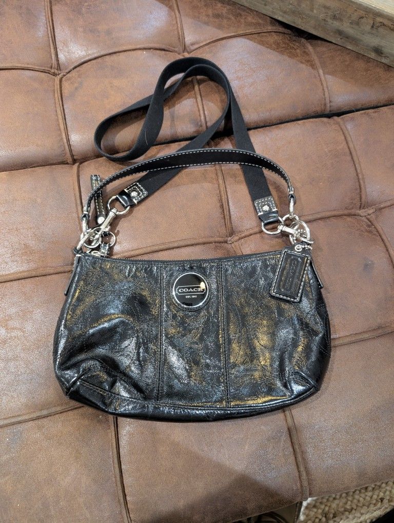 Coach Black Patent Leather Shoulder or Cross Body Logo Bag with Removable Strap