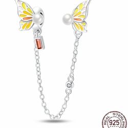 Glow In Dark Butterfly Pearl Diamond Safety Chain Charm For PANDORA BRACELET 