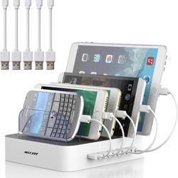 Charging Station for Multiple Devices, MSTJRY 5 Port Multi USB Charger Station with Power Switch Designed for iPhone iPad Cell Phone Tablets (White, 6