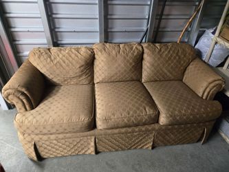 Gold Fabric Three-Seat Sofa with Skirted Base
