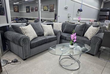 Gray Fabric Sectional Sofa with Nailhead Trim