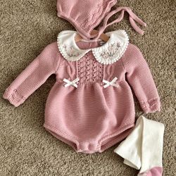 Baby Girl Knitted Romper Set 3-6Mos