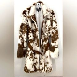 Guess Designer Animal Cow Print Brown and White Teddy Jacket Fur Belted Women M