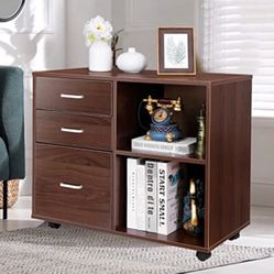  3 Drawer Wood File Cabinet, Mobile Lateral Filing Cabinet,Rolling Printer Stand with Open Storage Shelves, Brown