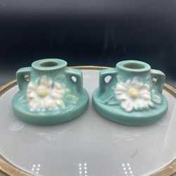 Pair of Vintage 1940s Roseville Pottery Candle Holders Cosmos Pattern 1151 VG