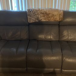 Grey Leather Recliner Couch With Charging On Side 