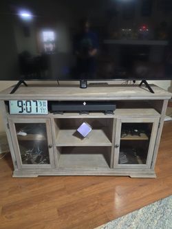 70-Inch Gray Wood TV Stand / Entertainment Center with Glass Doors