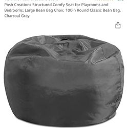 Posh Creations Structured Comfy Seat for Playrooms and Bedrooms, Large Bean Bag Chair, 100in Round Classic Bean Bag, Charcoal Gray