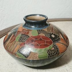 Signed Nicaraguan Pottery Vase Sealife Design