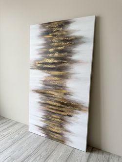 Large Modern Abstract Canvas Wall Art – Gold Foil & Neutral Tones (59" x 30")