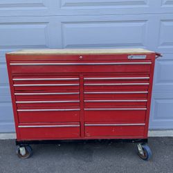 Cornwell 54” Wide Rolling Toolbox Toolchest Double Bay 13 Drawers With Side Extension And Wood Bench Top 