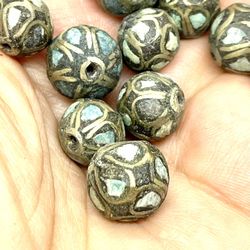 Lot Of 24 Inlaid Brass Beads