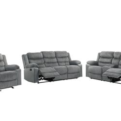 Brand New Grey Recliner Three-Piece Set Corduroy Material. Also Available In Black.