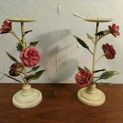 12" Heavy Floral Roses Pillar Atq White Candle Holders