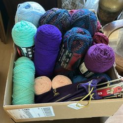 Box Of Yarn And Knitting Needles 