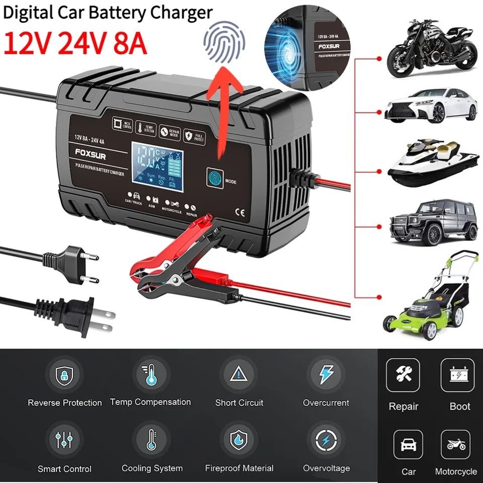 Battery Charger 8A-12V and 24V Automotive Trickle Charger Battery Maintainer for Car Truck Motorcycle LCD Display GEL Lead Acid