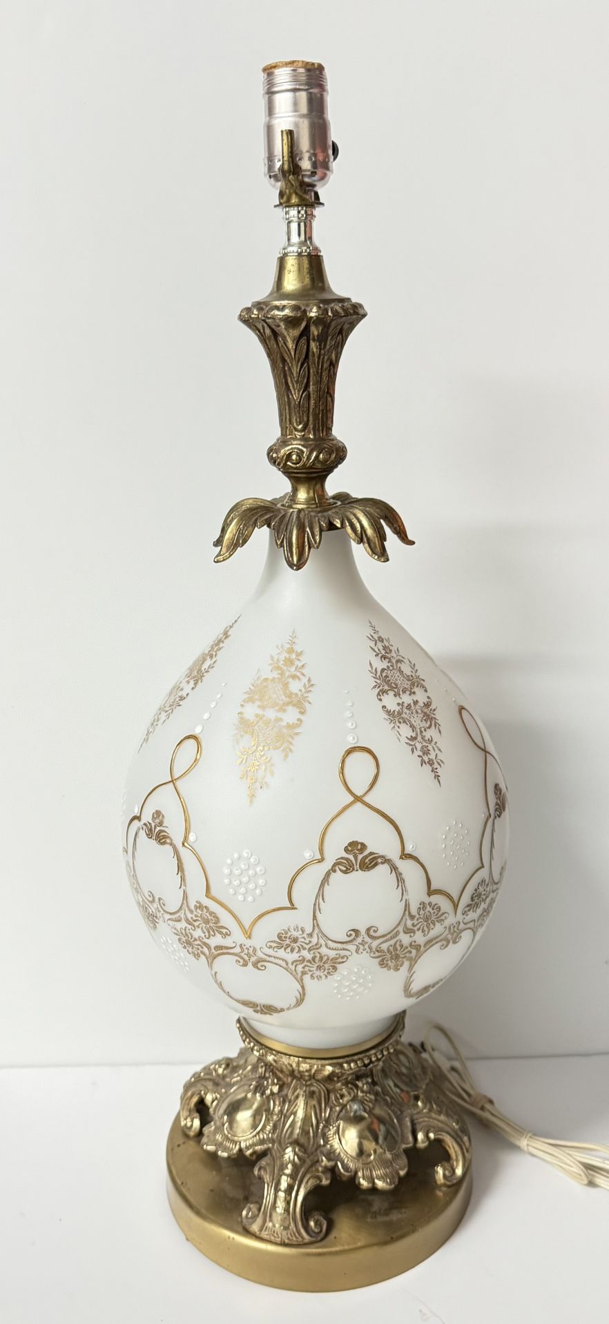 Vintage Hollywood Regency Frosted Glass Lamp with Gold Accents & Brass
