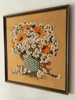 Vintage 1970s Paragon "Giant Bouquet" Crewel Embroidery Wall Art Featuring Daisies and Poppies in a Woven Basket.