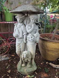 Vintage Garden Statue Fountain Boy, Girl & Dog Concrete Yard Art Romantic Victorian