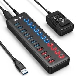 Powered USB 3.0 Hub, Wenter 11-Port Hub Splitter (7 Faster Data Transfer Ports+ 4 Smart Charging Ports) with Individual LED On/Off Switches, Power Ada