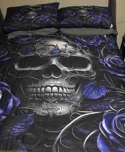 New Gothic Skull Bedding Comforter Queen Halloween Size W/ Pillow Cases 