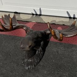 Wooden Moose Head and Mounted Antlers