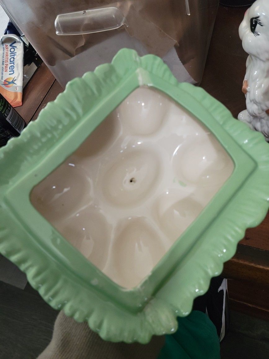 Ceramic Easter Bunny Rabbit Pulling A Cart With A Baby Chick