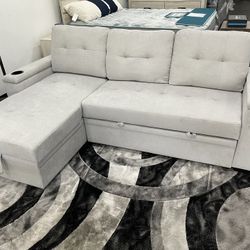 SOFA SLEEPER LIGHT GRAY FABRIC, Featuring USB port and arm storage 