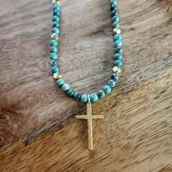 Hammered Gold Cross Turquoise Necklace