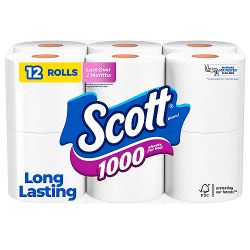 Scott 1000 Septic-Safe 1-Ply Toilet Paper - 12 Rolls