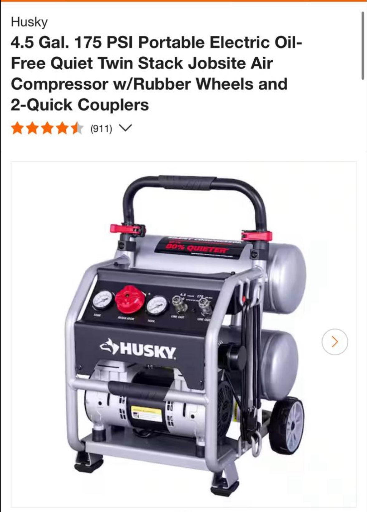 Husky 4.5 Gal. 175 PSI Portable Electric Oil-Free Quiet Twin Stack Jobsite Air Compressor w/Rubber Wheels and 2-Quick Couplers
